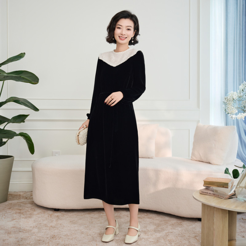 桑蚕丝丝绒法式蕾丝长袖连衣裙女