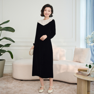 西子/【暮色回响】桑蚕丝丝绒法式钩花蕾丝长袖连衣裙女/CQHY0288