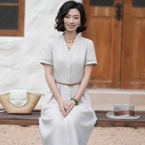 高级感亚麻系带收腰显瘦连衣裙女