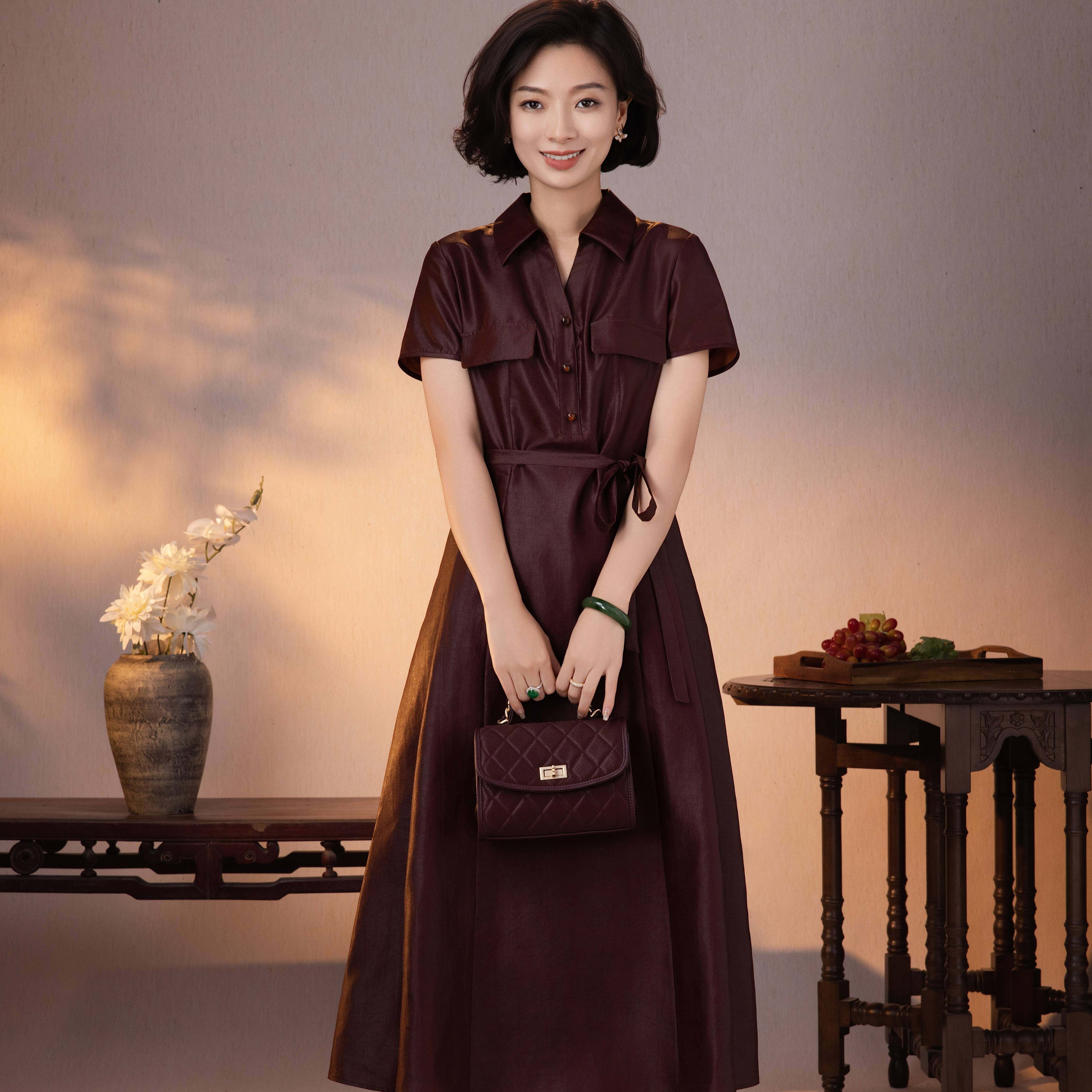 桑蚕丝电力纺红云纱收腰连衣裙女