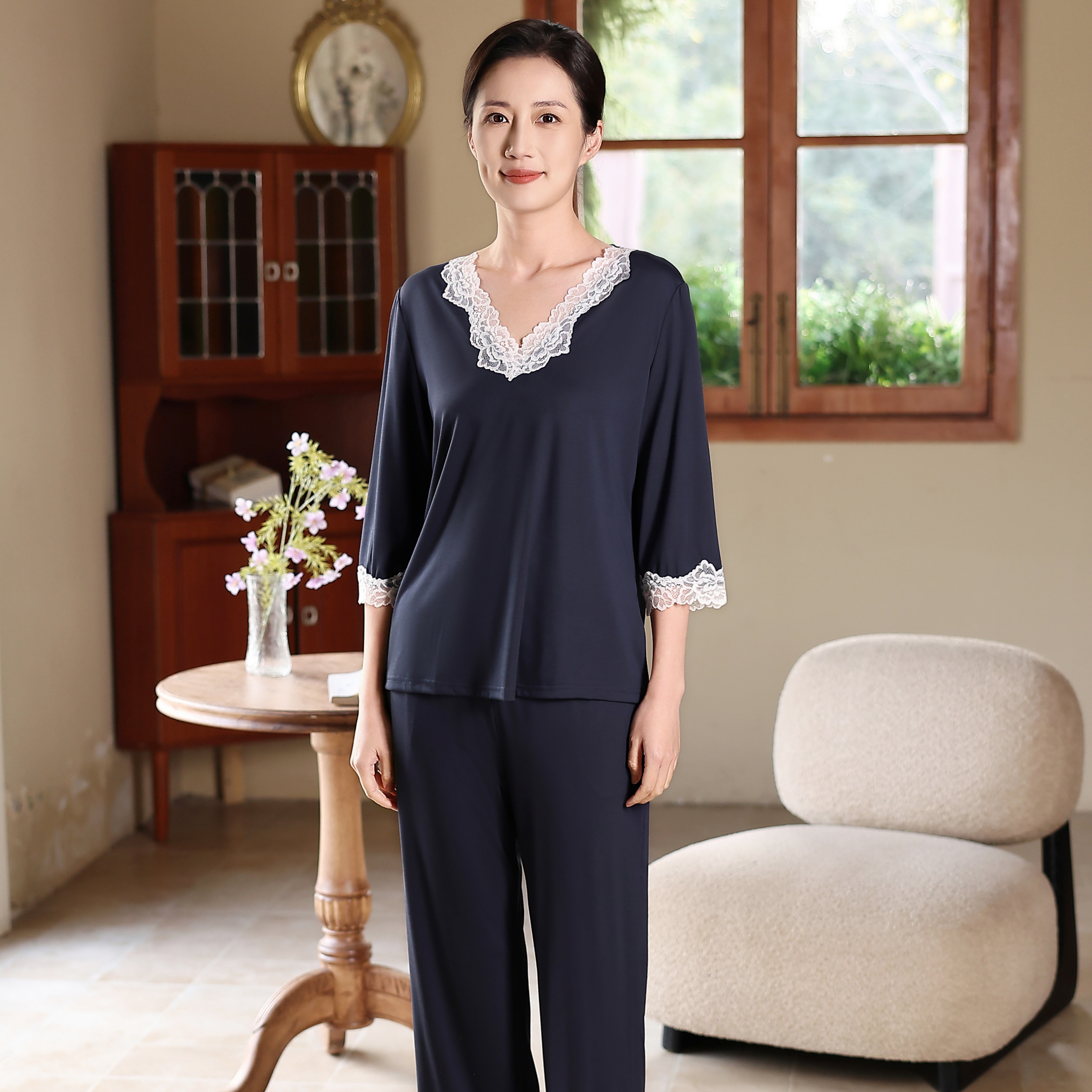 西子/超细旦莫代尔高弹蕾丝花边睡衣睡裤家居服套装/SYBH1096