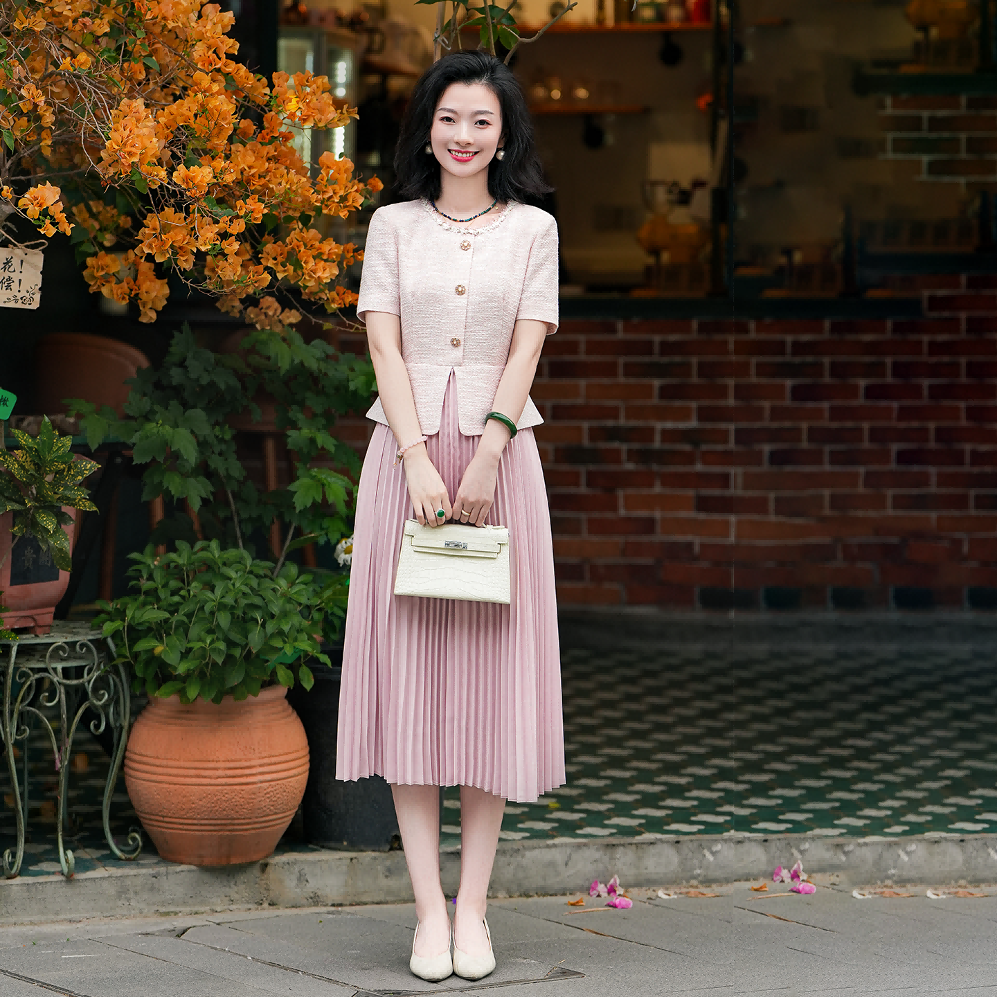 西子/【香榭丽影】醋酸亚麻假两件拼接通勤小香风连衣裙/CQTJ004