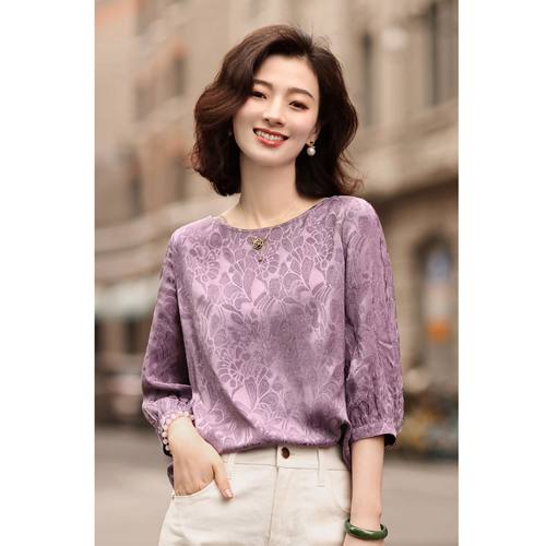 西子/【木槿花开】高定重工6A级桑蚕丝提花圆领中袖衬衫/SYZY113