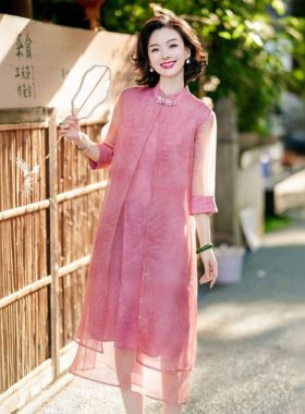 西子/【粉莲赋】重磅桑蚕丝新中式立领多层纱连衣裙/CQBH1556