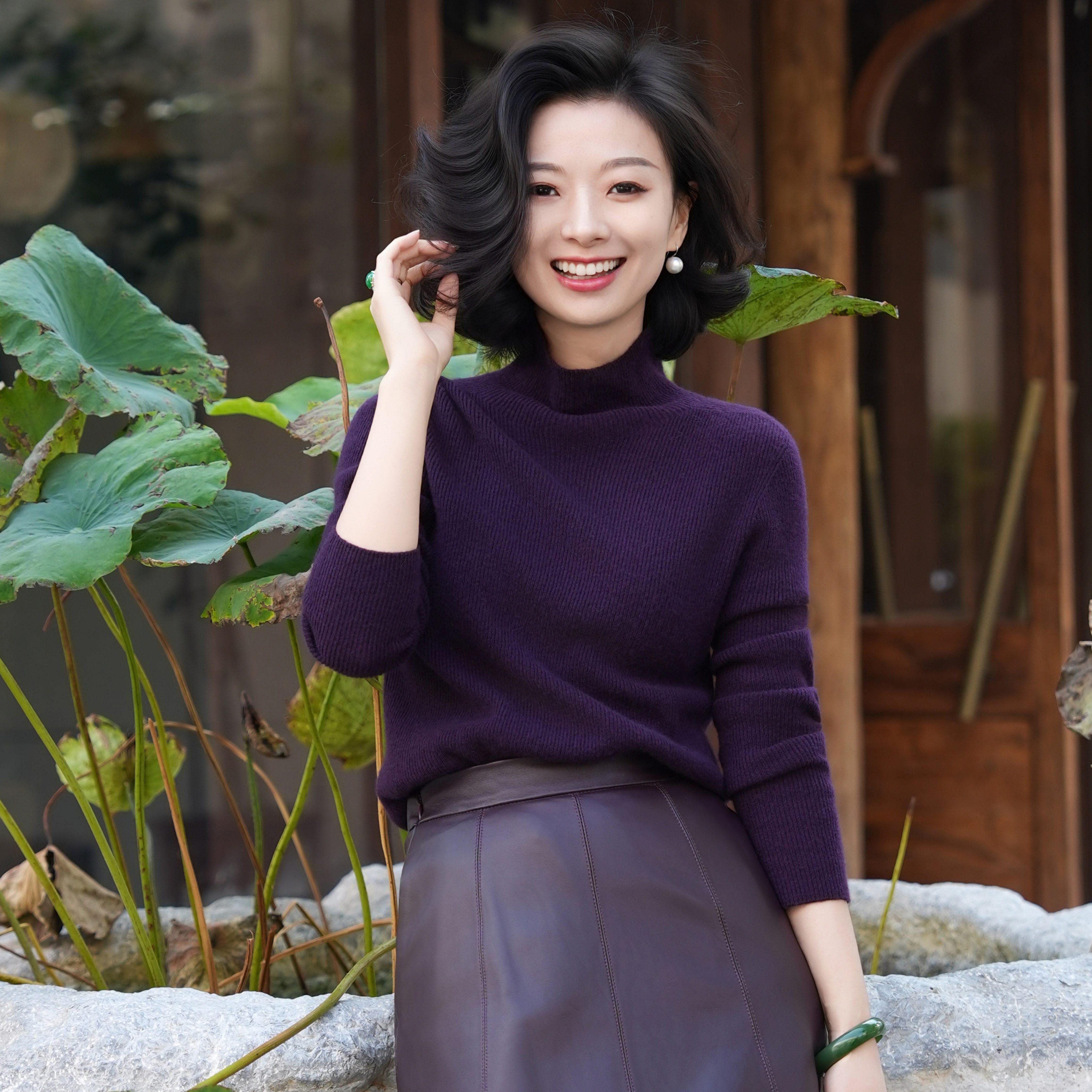 玉西子/【暖意】康赛妮A级羊绒羊毛无缝堆堆领针织衫女/MSZH0031