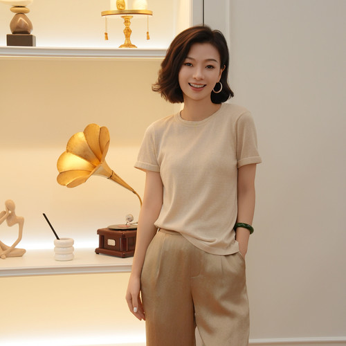 桑蚕丝混纺老钱风针织短袖T恤女