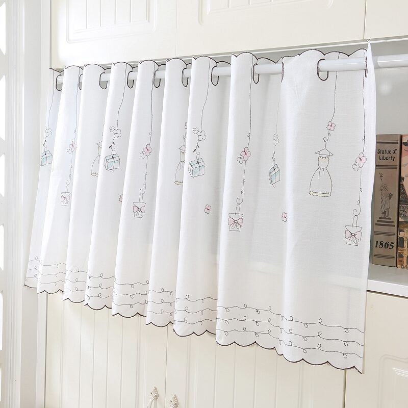 门半帘卧室绣花纱帘幔头客厅蕾丝防尘窗帘半帘镂空白色刺绣玫瑰