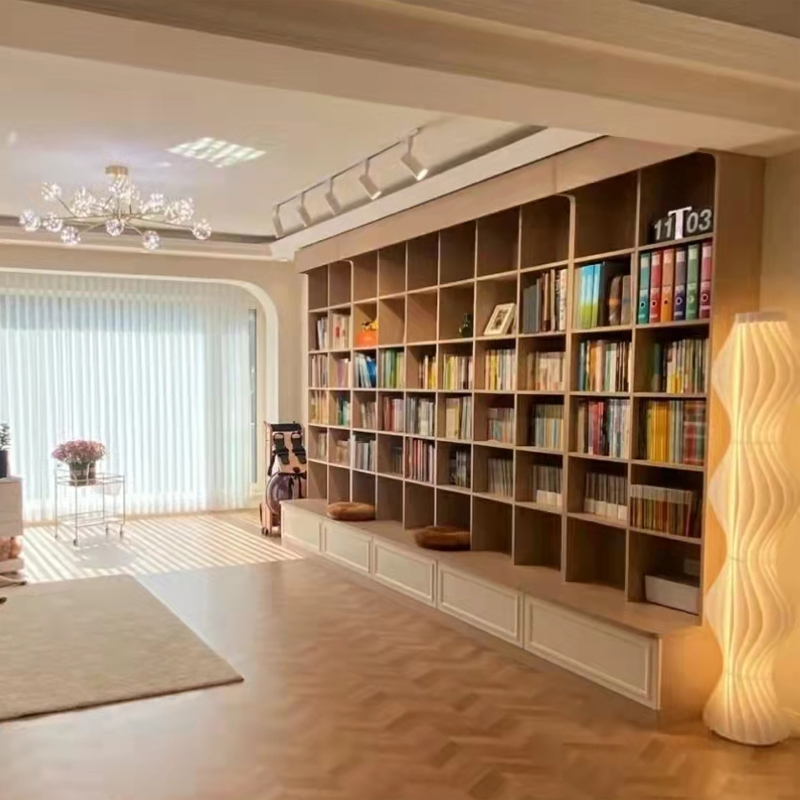 可比熊实木儿童书柜定制整面墙一体到顶客厅书架收纳格子柜简约