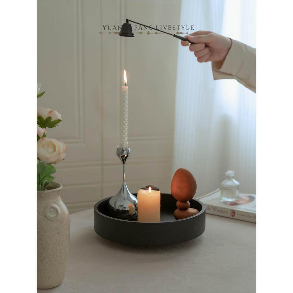 黑色托盘圆形香薰饰品旋转储物盒台面化妆品储物架实木中世纪香水