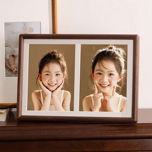 三宫格拼图儿童证件照成长相框摆台黑胡桃实木框加打印两宫格照片