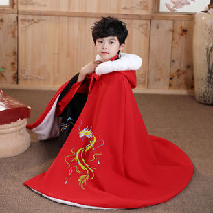 儿童汉服斗篷连帽披肩男童拜年服古风外套冬长款加绒加厚外出披风