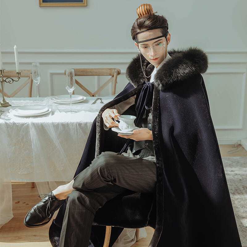 冬款大摆围加绒超大毛领连帽长款丝绒加厚斗篷冬款男装汉服