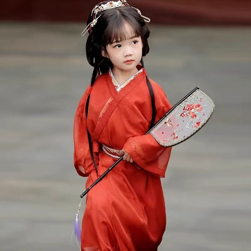 女童汉服战国袍春秋交领直裾袍不拖地款古装中国风新款古筝表演服