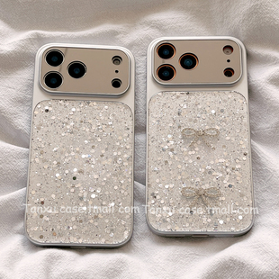 ins高级感银色碎钻立体蝴蝶结适用苹果17promax手机壳iPhone16pro新款15少女14pro防摔17小众14创意17Pro全包