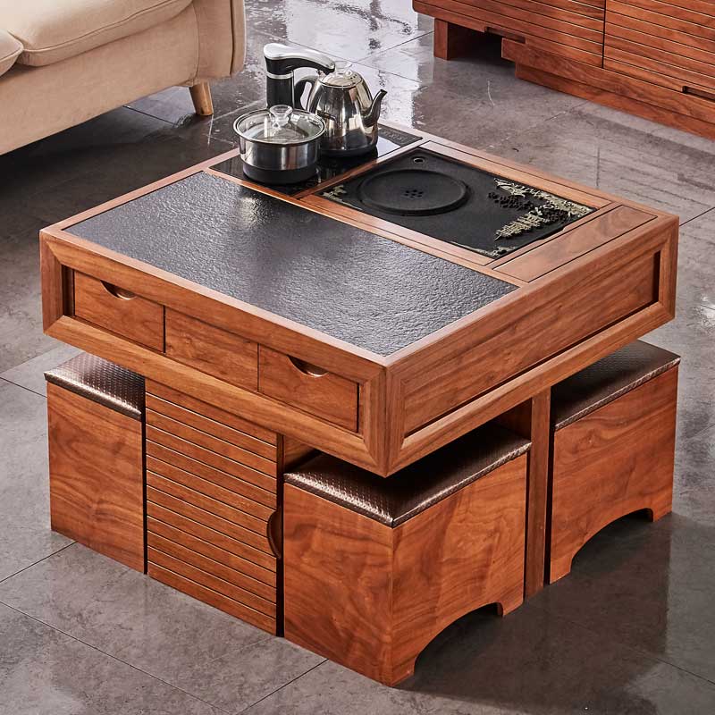 阳台实木喝茶桌椅组合 小茶台 火烧石功夫茶几 鸡翅木茶盘方茶几