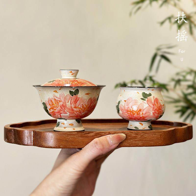 扶摇复古粉引手绘牡丹盖碗纯手工粗陶高足泡茶碗一壶一杯茶具套组,餐饮具,盖碗,淘宝优惠券,粉丝福利购,淘宝优惠卷