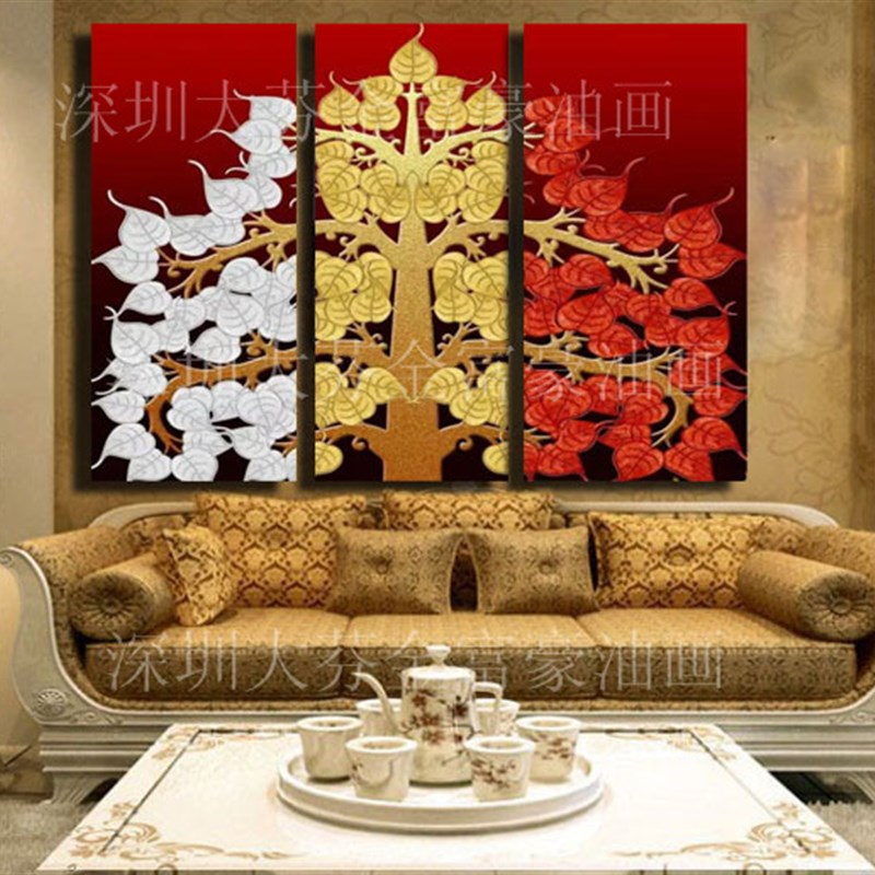 手绘东南亚风格客厅酒店家居装饰画有框挂画金色吉祥菩提树挂画图片