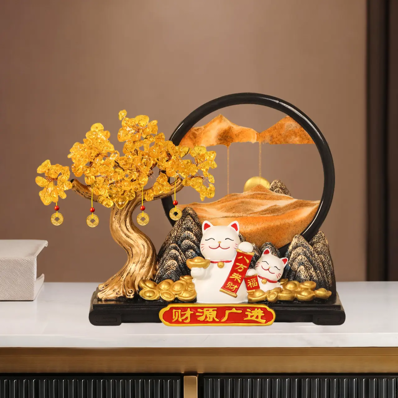 发财树流沙画招财猫摆件
