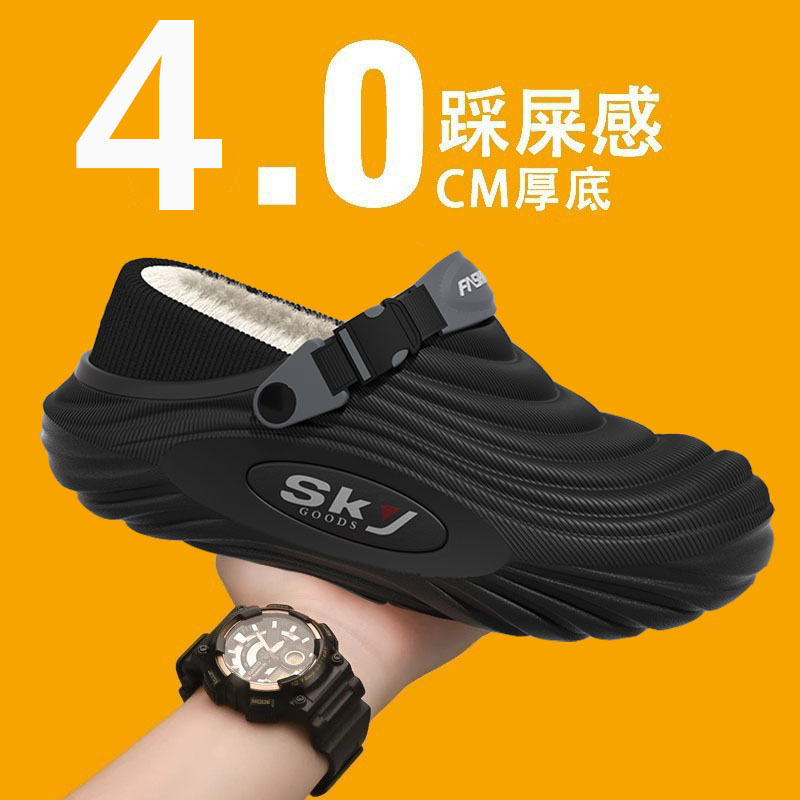 新款男士棉拖鞋居家室内可外穿开车秋冬季毛绒棉拖包头防滑包跟