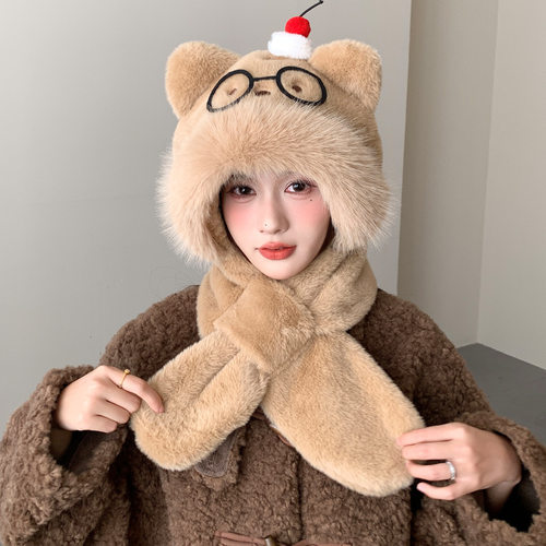 小熊帽子围巾手套一体三件套女保暖三合一防风保暖兔绒围巾帽可爱