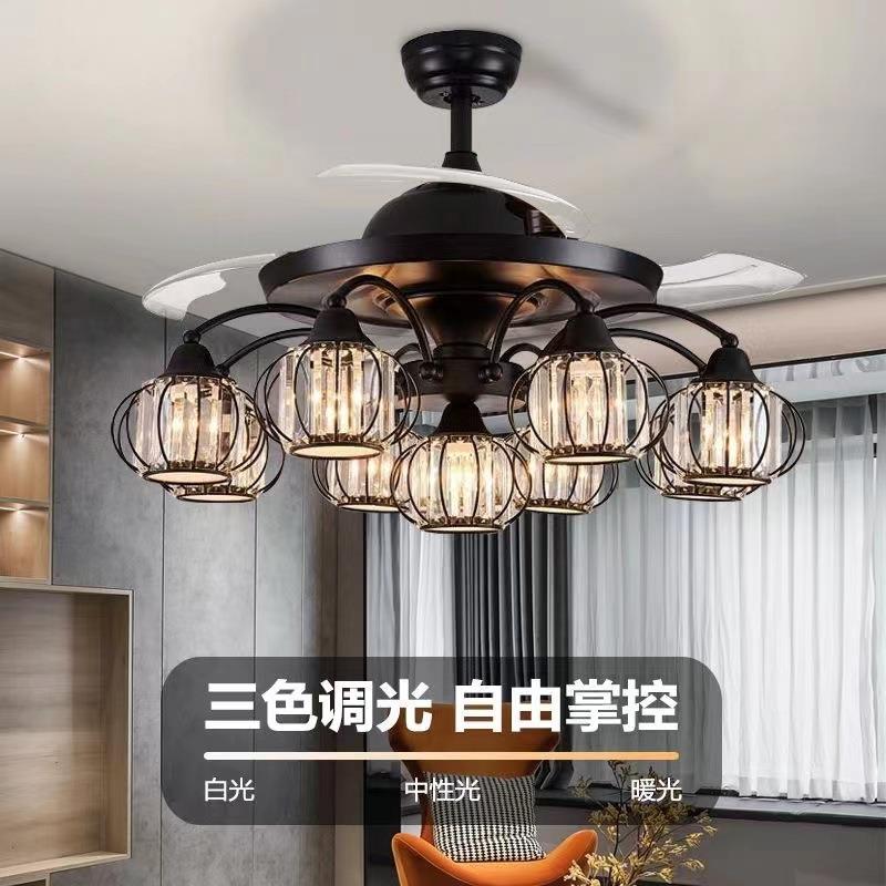 现代新中式风扇吊灯国风客厅水吊餐厅隐灯形吊中扇灯工AT业风晶灯