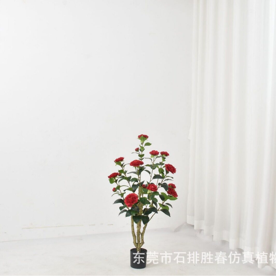 亚马逊热销仿真茶花树盆栽人造茶玫花树室内装饰摆件山茶花树植物