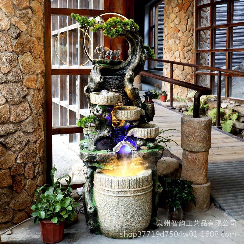 创意假喷泉流水AFE摆件招装财景鱼缸客山厅玄关庭院饰品造加湿器