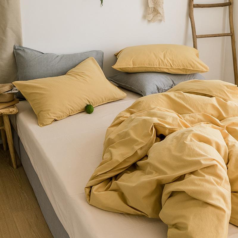 款日式风水洗棉四ELLE件新套素纯棉被套全棉床单床笠起款4色件套