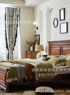 美式VXA床红橡木实木双人床婚床简约复乡复古平头床卧主床村古实