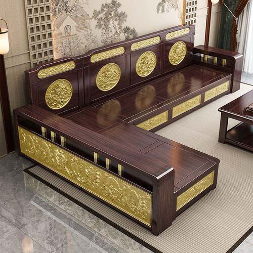 金木695实木雕花型沙发组合中式小户家檀用客厅冬紫夏两用储物家