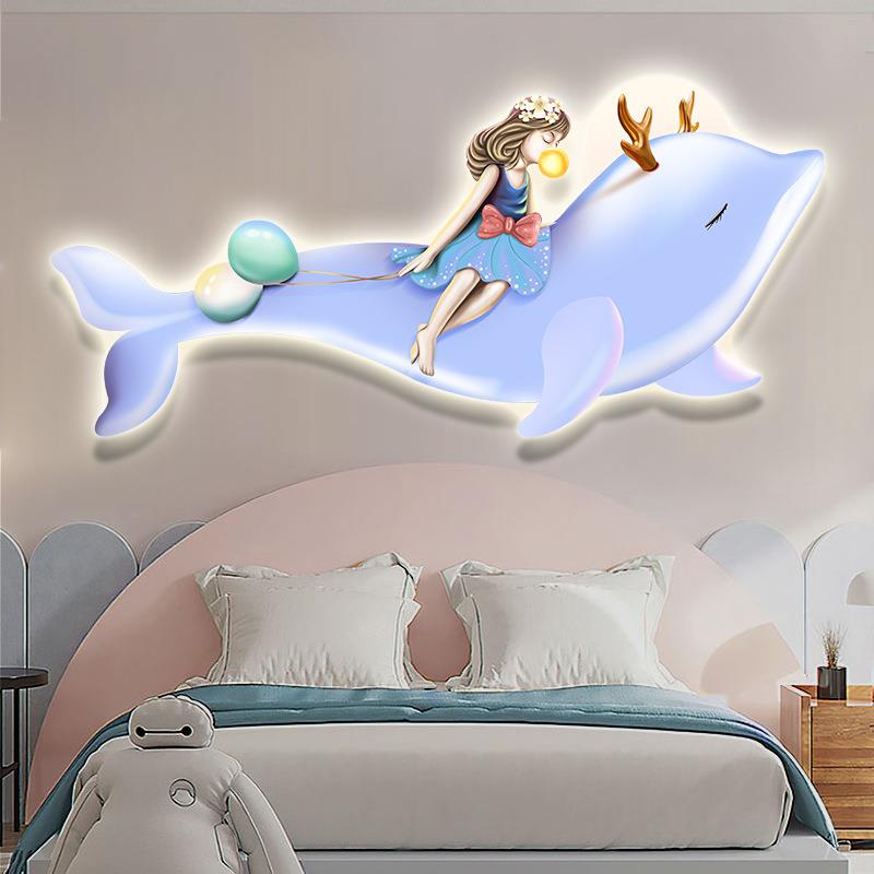 儿童房卧画少室床头装饰女孩挂灯画公主房间LED氛围TPF画海豚年壁