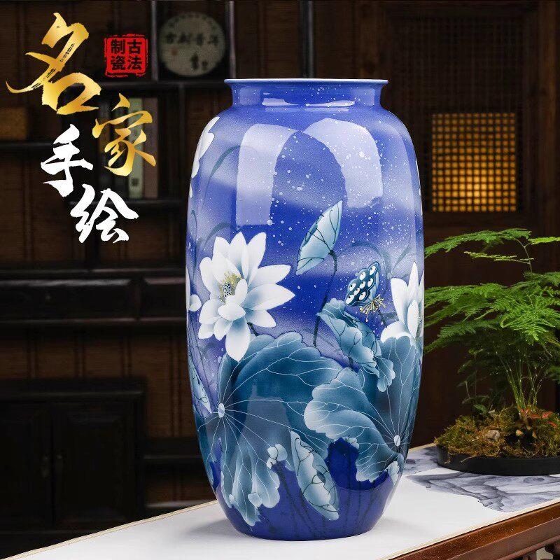 景德镇手绘青花瓷花瓶大号摆件荷塘清香陶瓷器中式家居客厅装饰品