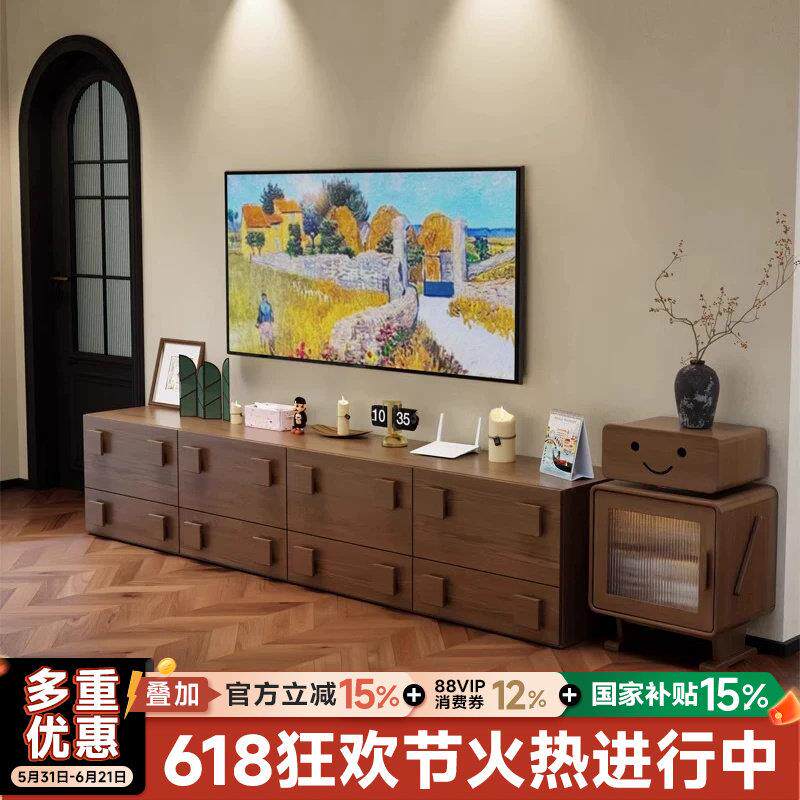 曼逸实木电视柜客厅家用落地模块组合柜复古卡门电视柜电视收纳柜