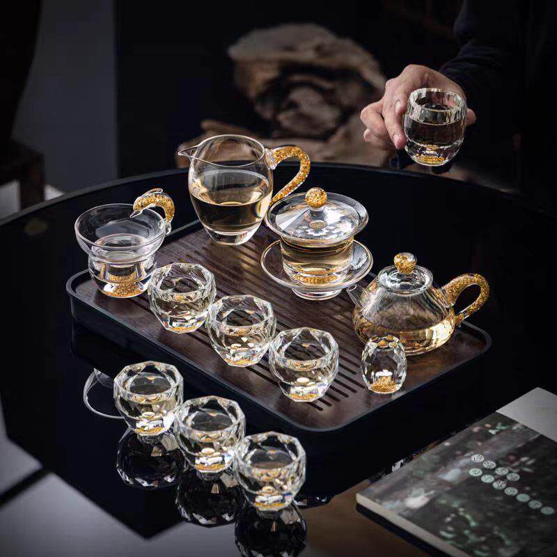 水晶玻璃茶具套组灌金箔轻奢盖碗整套功夫茶具茶杯高端家用定制