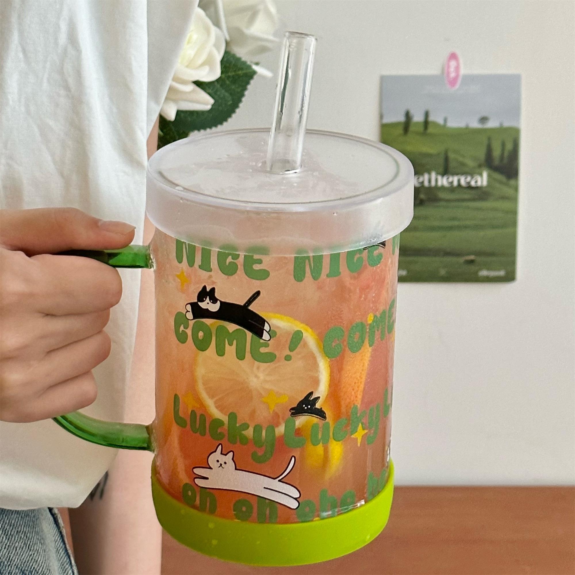 韩风高颜值小清新猫咪1000ml大容量耐高温带盖子玻璃杯吸管杯泡茶