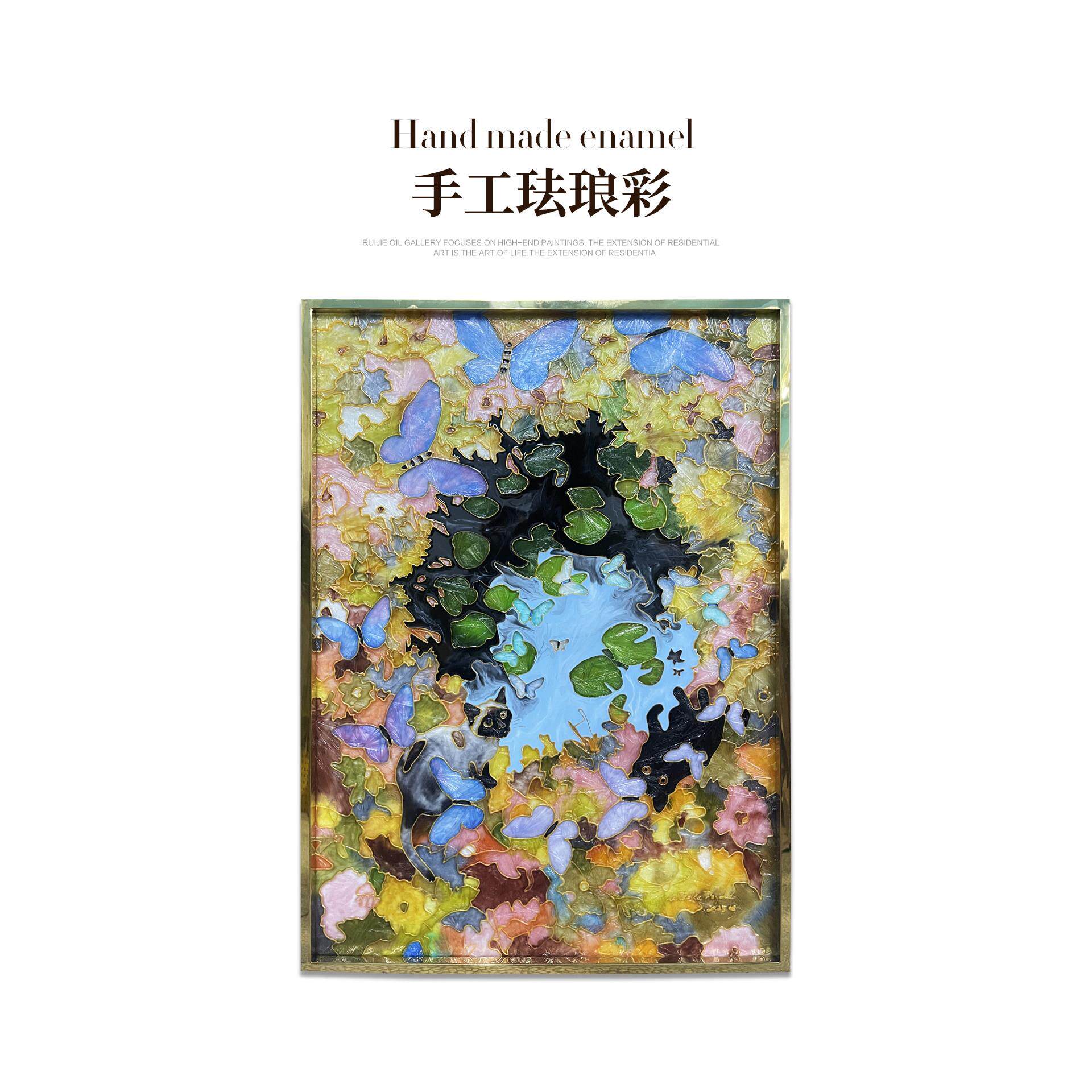 瑞杰 珐琅彩画《莫奈睡莲湖畔》现代轻奢入户玄关装饰画 多巴胺画