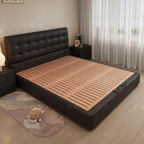 意式高端黑色真皮床现代简约主卧室双人大床榉木实木软包储物婚床