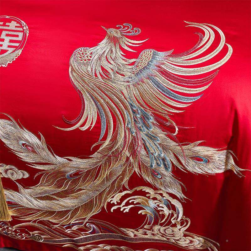 奢华高端婚龙庆长绒棉四RNN件套结礼大红色新婚喜结被套婚陪嫁婚
