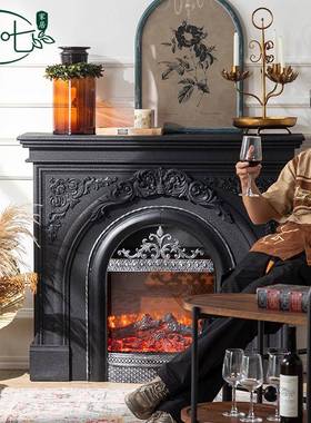 美氛式复古黑别花色雕仿真火壁炉架墅入户围感装饰柜轻奢意式UWK