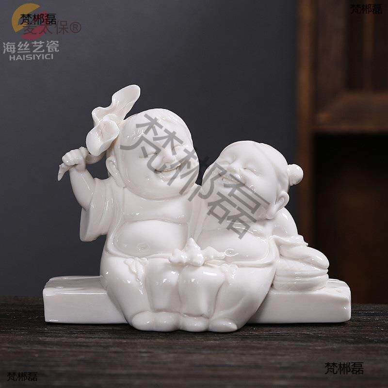 陶瓷车摆载小和合麦太保公仔家居摆工艺品玄关饰瓷娃娃件童子礼麦