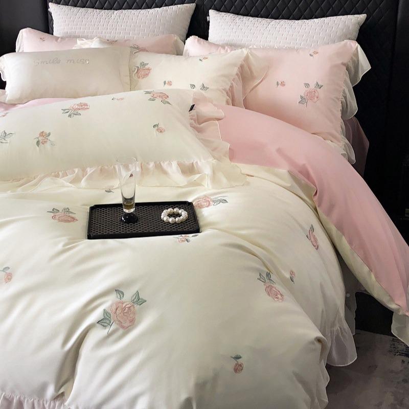 园花60KZ88888支田棉长绒棉四件套纯少女心100全棉刺绣被套1.8床