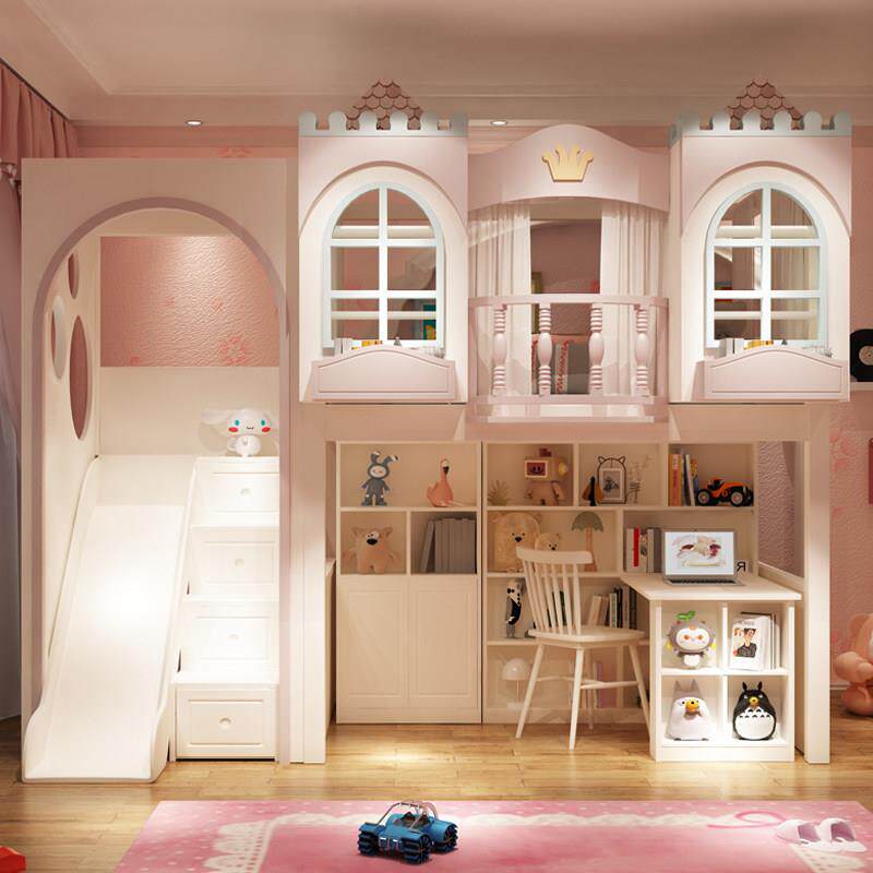 儿童高护栏上下铺高低床书桌衣柜一体床女孩公主树屋床交错式组合