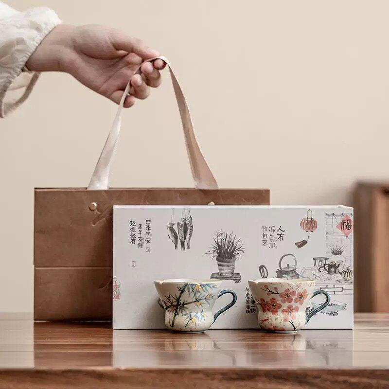 山房丨焦糖手绘梅花竹子耳杯 陶瓷家用品茗杯描金粗陶对杯套杯