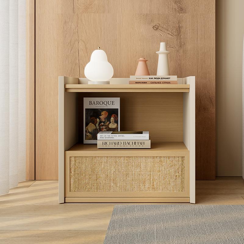 实木北欧简约现代藤布抽屉床头柜清新风多层分区收纳卧室床边柜子