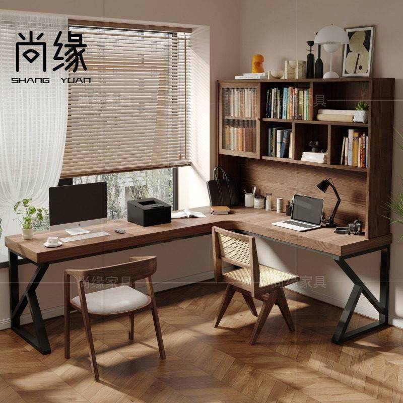 实木转角书桌书柜家用拐角双人办公桌 书房靠墙l型电脑桌书架一体,住宅家具,转角桌,淘宝优惠券,粉丝福利购,淘宝优惠卷