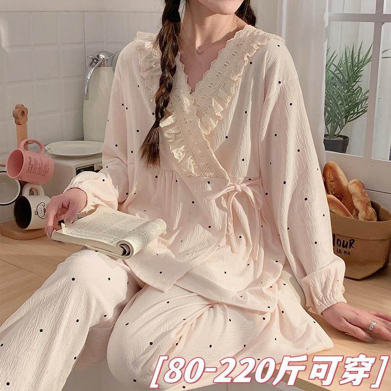 月子服春秋大尺码产后波点纱布孕妇睡衣夏季薄款哺乳宽松家居服套