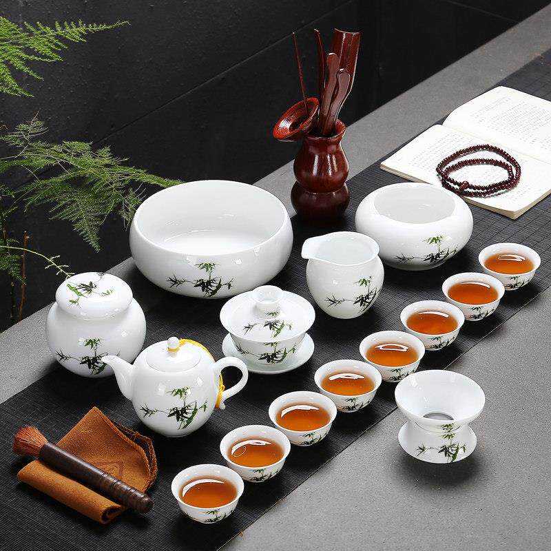 家用青花瓷功夫茶具套组小茶杯功夫茶具白瓷茶具整套简约盖碗茶具