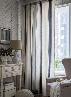 地中海简约棉麻窗帘成品穿杆式客厅飘窗免打孔安装蓝色竖条可定制