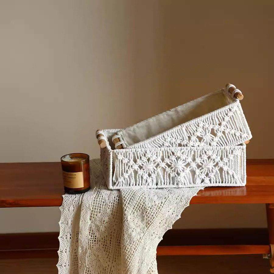 ins绳编缕空收纳篮摆件护肤品书桌收纳筐手提简约桌面玄关床头,收纳整理,收纳筐,淘宝优惠券,粉丝福利购,淘宝优惠卷