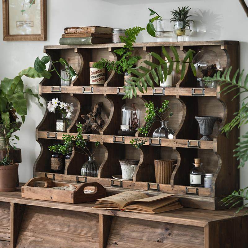 润家家居覆古实木桌面置物架做旧杯架多宝格收纳层架展示架格子柜